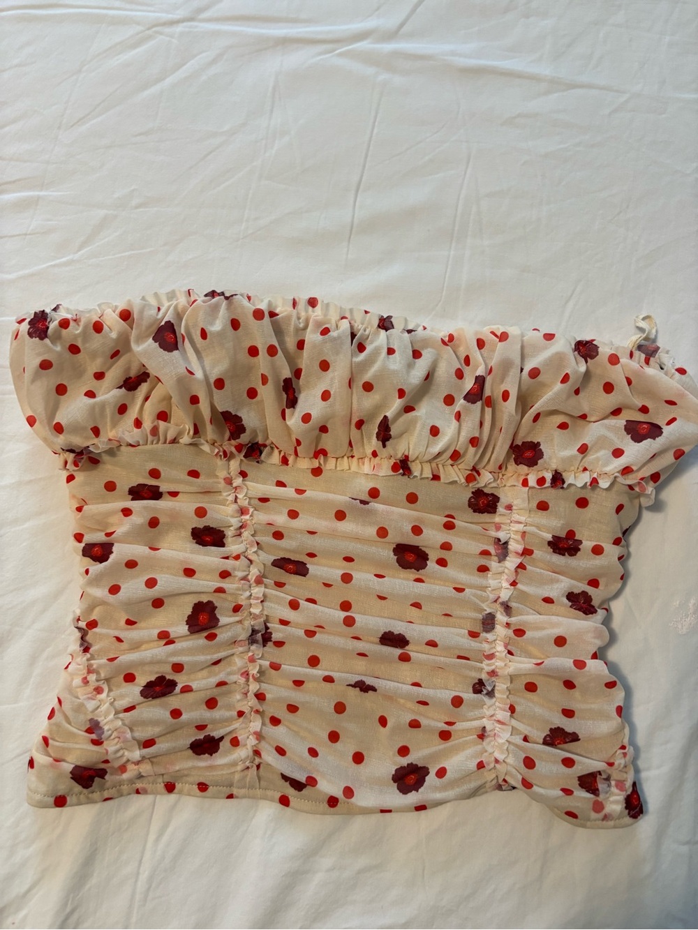 Free people Smocked Ivory Crop Top with Red Polka Dot & Floral Print